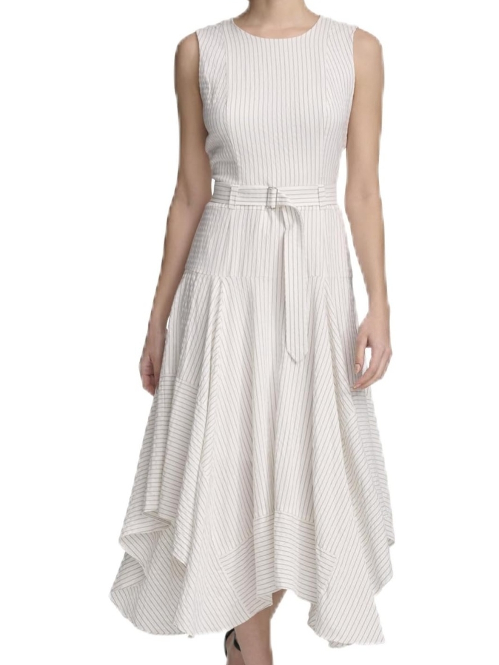 Sleeveless White Pinstripe Belted Midi Dress Calvin Klein